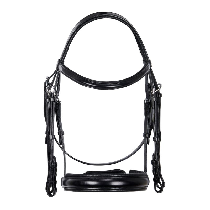 Briglia da dressage realizzata in morbido cuoio italiano di alta qualit&agrave; con fibbie in acciaio inox che conferiscono sicurezza, stabilit&agrave; e resistenza nel tempo.Il sovracapo ha una forma anatomica per distribuire la pressione esercitata sulla zona pi&ugrave; sensibile della nuca in un'area pi&ugrave; ampia. La capezzina, con chiusura "pull-back", montata&nbsp; su una linguetta imbottita e removibile,&nbsp; garantisce una facile allacciatura.Sottogola e chiudibocca regolabili.Le redini NON sono incluse.